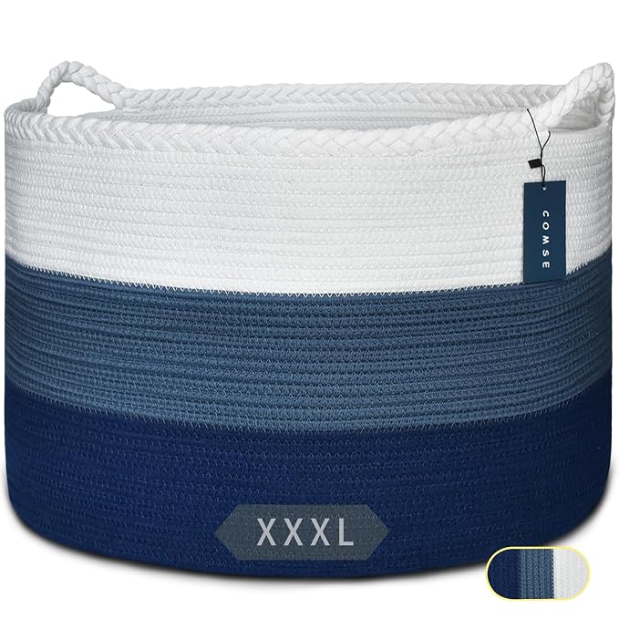 COMSE Extra Large Blanket Basket, Woven Laundry Basket, 21.7”x 13.8”, Nursery Hamper, Cotton Rope Laundry Hamper Living Room for Storage Toys Clothes Towels (White & Cadet Blue & Navy Blue)