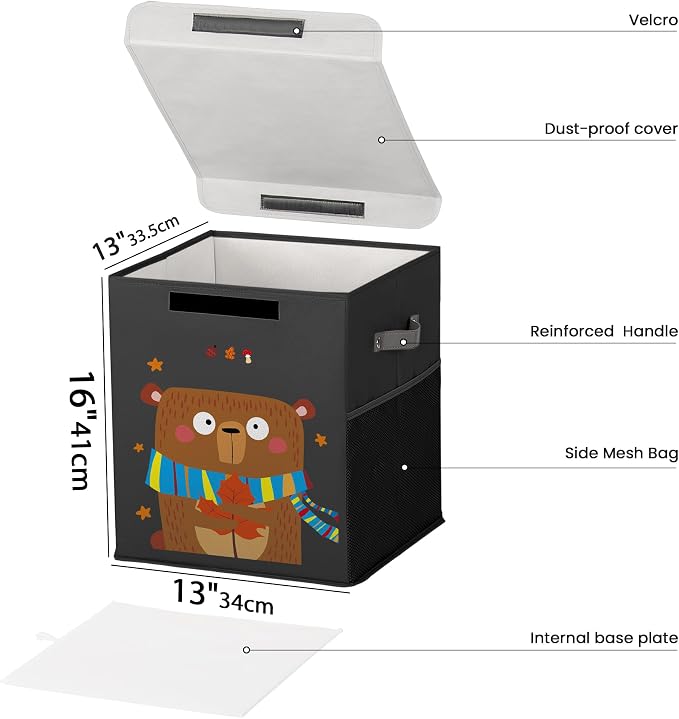 40L Large Toy Storage Box with Lid, Large Toy Box Chest for Kids, Girls and Boys, Nursery Room and Living Room, 13"x13" x16" (black-bear)