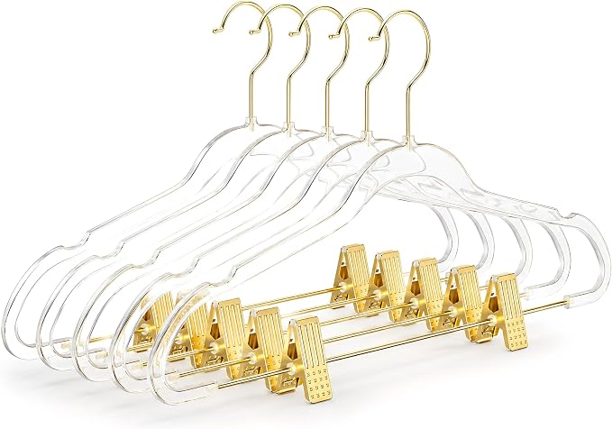 MIZGI Slim Clear Gold Pants & Skirt Hangers (20 Pack) – Adjustable Clips & Hooks, Transparent Non-Felt, Space-Saving for Dresses, Shirts, Blouses
