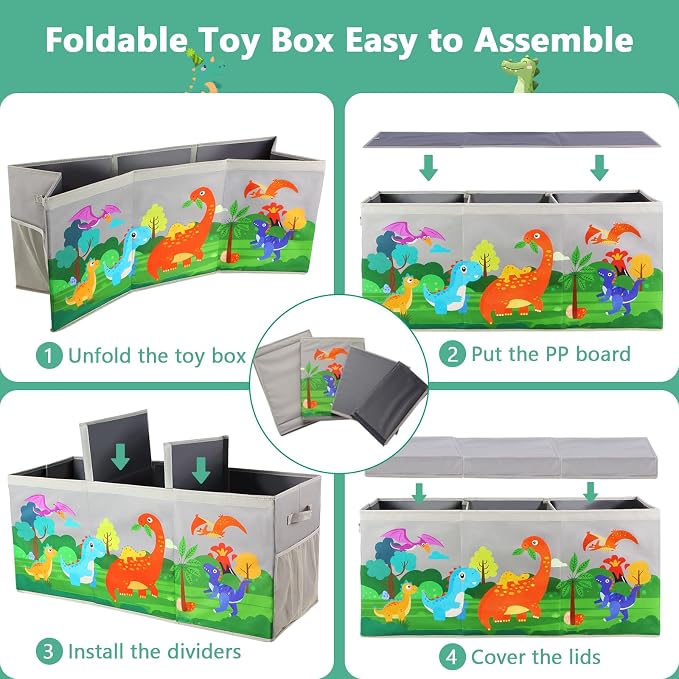 Extra Large Toy Box Chest with Lids Collapsible Storage Organizer for Kids | Dinosaur Toy Bin Box for Toddlers Boys Girls, Organizer for Living Room Nursery Playroom Bedroom Home Grey