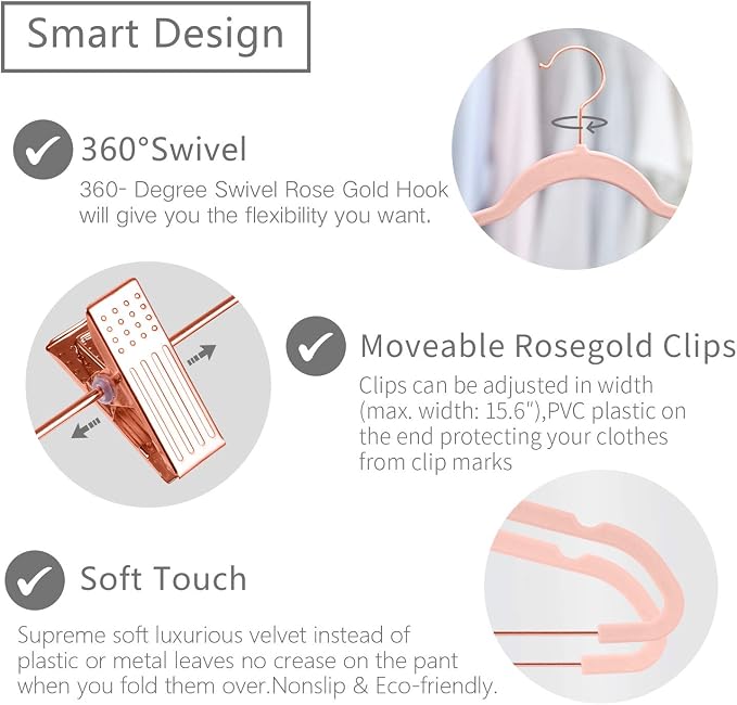 MIZGI Premium Velvet Pants Hangers with Clips (Pack of 20) Slim Skirt Hangers- Non Slip Felt Outfit Dress Hangers Blush Pink - Copper/Rose Gold Hooks,Space Saving Shirt Clothes Hangers