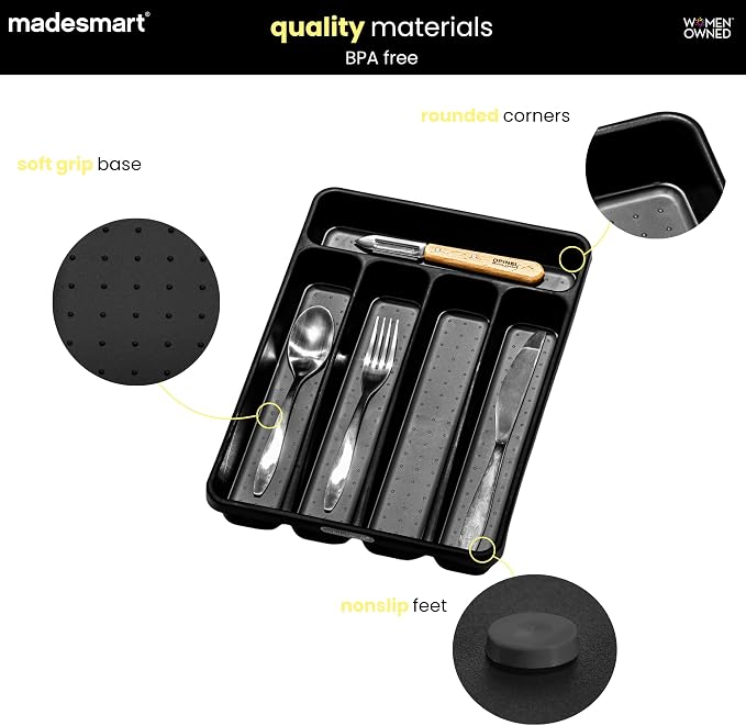 madesmart Small Silverware Tray, Compact 5 Compartment Flatware Organizer for Forks, Knives & Spoons, Non Slip, Soft Grip Lining, Fits Small Drawers, Carbon