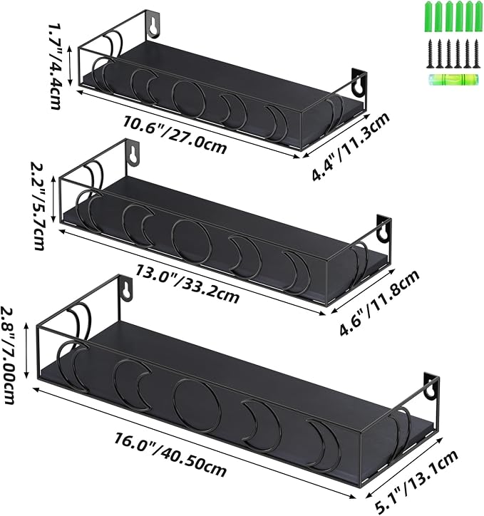 Moon Phase Wall Shelves Black, 3 Pack Small Floating Book Plant Shelves for Bedroom Kid Room, Decorative Storage Display Shelf for Crystal Figurine Collectibles