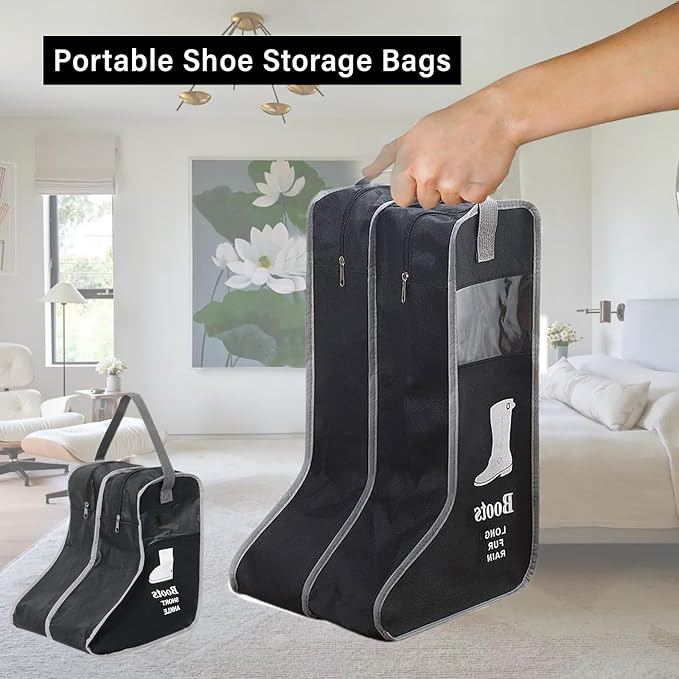 2 Pack Portable Boots Storage Bag, Tall/Short Boot Carry Bag Boots Organizer, Shoe Bags for Storage and Travel Dust Proof Travel Shoe Bags for Packing (Black)