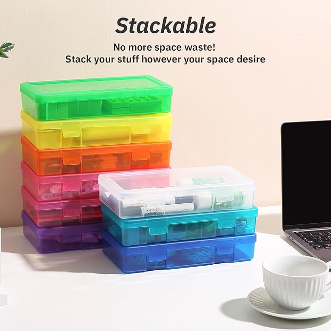novelinks Clear Pencil Box and Small Plastic Storage Containers with Lids | 9 Pack, Medium Color, Plastic Pencil Boxes, Board Game Storage Containers, Task Boxes for Special Education, Mini Organizer