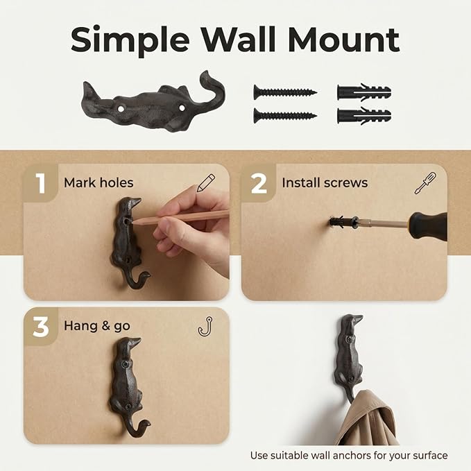 Lulu Decor, 4 Single Cast Iron Dog Tail Hooks, Loose (LB20P4)