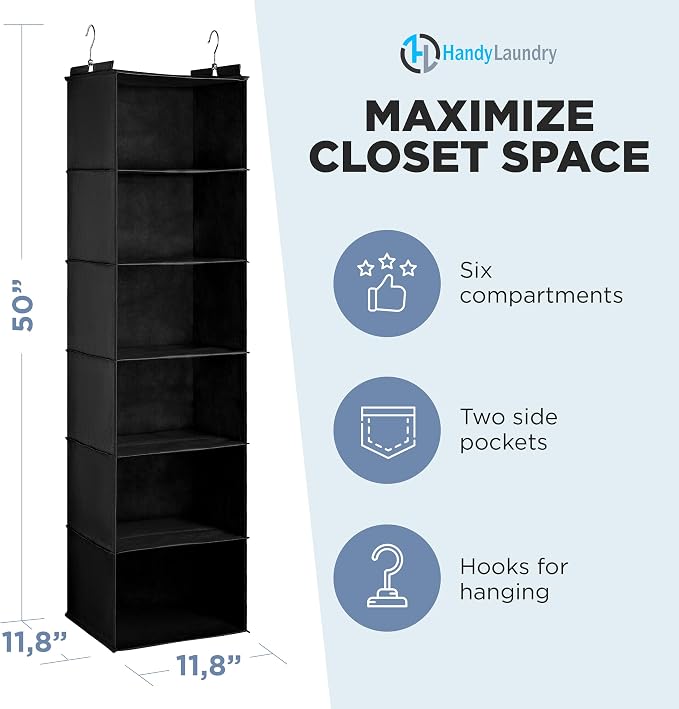 Hanging Closet Organizer - 6 Shelf Storage for Clothes, Sweaters, Shoes & Accessories - Space-Saving Wardrobe Shelves with Hooks for Dorm, RV & Small Closet Organization (Black) (Pack of 2)