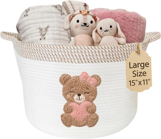 Pink Teddy Bear Storage Basket for Baby Girl Nursery – 15"x11" Cotton Rope Bin with Embroidered Bear Patch – Toy Organizer, Baby Laundry Hamper, Blanket & Diaper Holder – Foldable & Washable