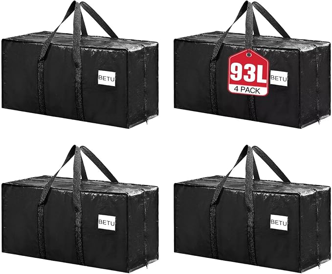 BETU 4 Pack Moving Bags Moving Storage College Dorm Camping Packing Travel PE Heavy Duty, Sturdy Handle, Zipper Large Storage Tote Bag Moving Boxes Box Alternative - Black 29L x 14W x 13H