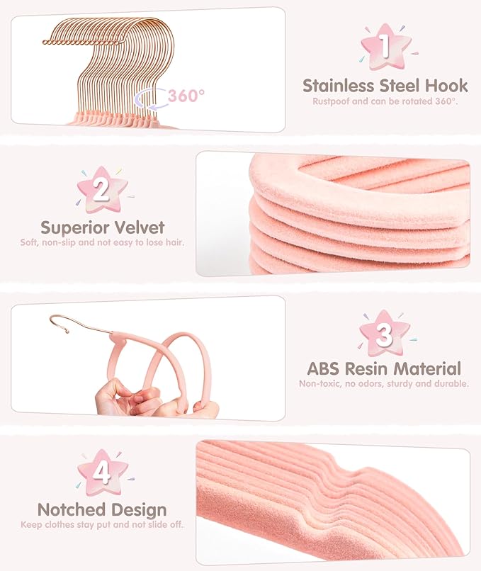 VIS'V Velvet Baby Hangers with 6 Pcs Size Dividers, 11 Inch, Pink, 30 Pcs | Compact Size, Non Slip, Infant Toddler Nursery Closet Organization