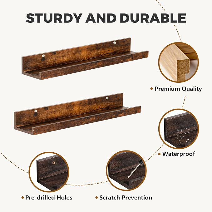 Muzilife 35.4" Large Floating Shelves Wood Wall Shelf with Lip, 2Pcs, Brown | FSC-Certified Wood | 20 lbs Capacity | Space-Saving | Hanging Shelf | Wall Decor| Bedroom,Living Room,Bathroom,Kitchen,Office