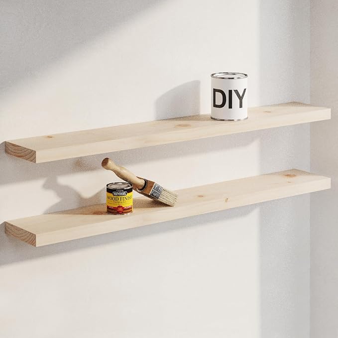 Homeforia 36 inch Wood Floating Shelves, High End Solid Natural Wood 36inch Large Floating Shelf Bathroom, Unfinished Wooden Floating Shelves for Wall, Heavy Duty Bracket, 36 X 6.5 X 1.75 in, Set of 4