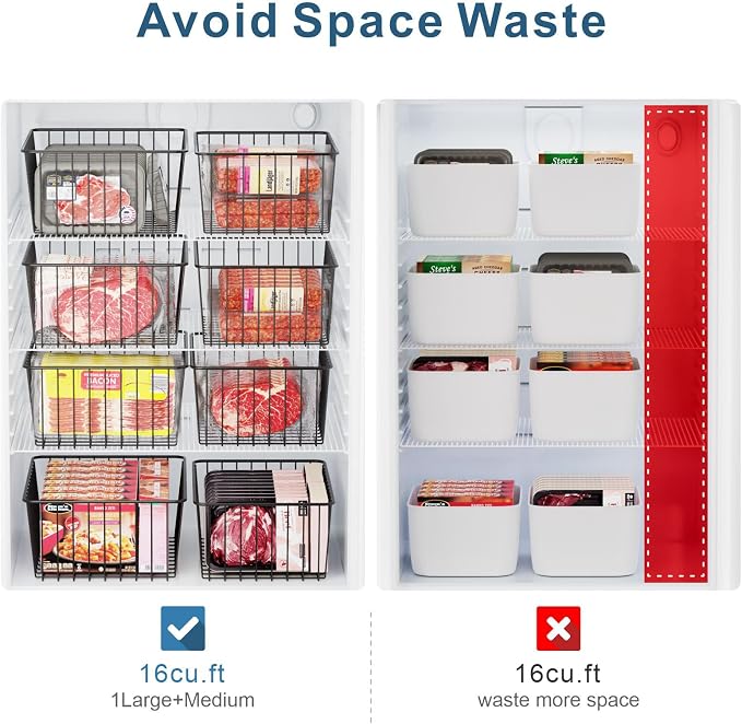 iSPECLE Freezer Organizer Bins - 4 Pack Upright Freezer Baskets for 17/21 Cu.Ft Stand up Freezer, Wire Storage for Reach-in Freezer, Slide-Out Access, Prevents Items Falling, 2 Large 2 Medium, Black