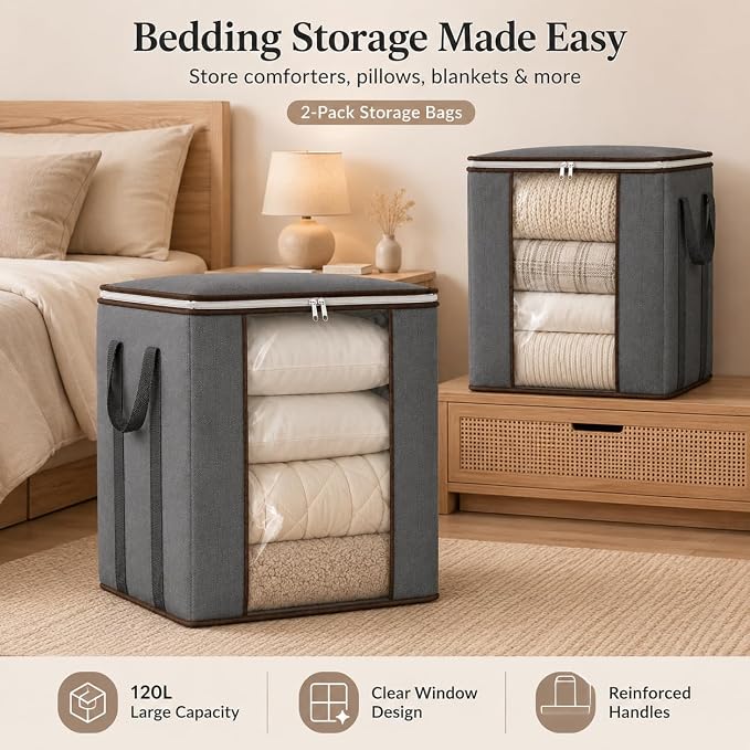 Comforter Storage Bags 120L for Blanket Clothes Bedding Sheet 2 Pack Grey