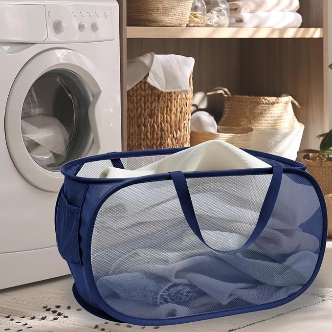 Pop Up Laundry Hamper,Collapsible Horizontal Baskets with Handles & Side Pocket,Foldable Sturdy mesh for Laundry Room,Bathroom,Kids Room,College Dorm or Travel (Navy)