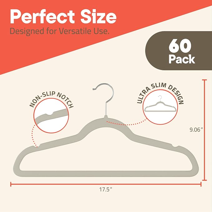 Ivory Velvet Hangers 60 Pack – 360° Swivel Hook, Non-Slip and Space Saving Hangers, Heavy-Duty 11 lbs Weight Capacity - Smooth Velvet Finish for Crease-Free Clothes and Effortless Closet Organization