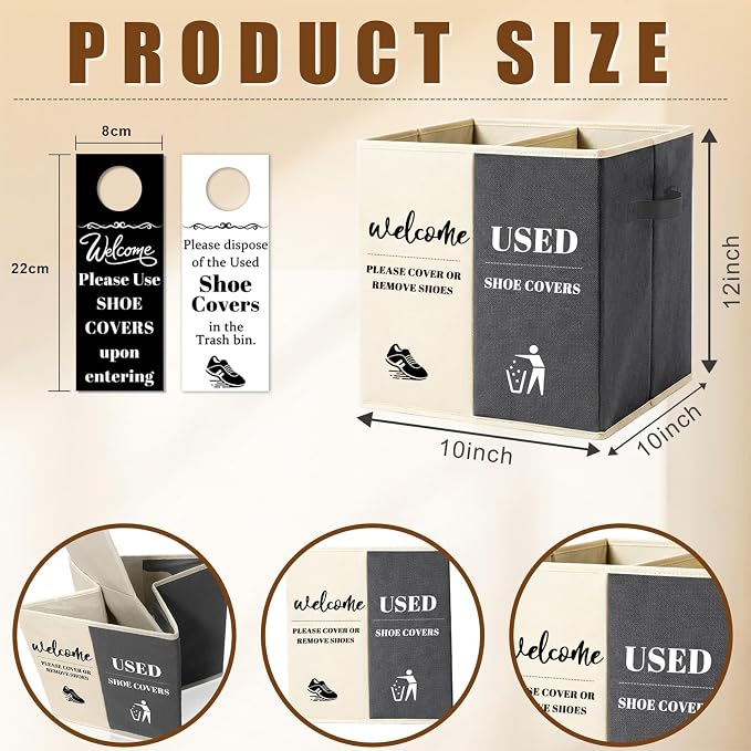 Shoe Cover Box with Door Hanging Sign – Foldable Double Compartment Storage Bin, Freestanding Dispenser Organizer for Home, Office, Entryway (Beige Gray)