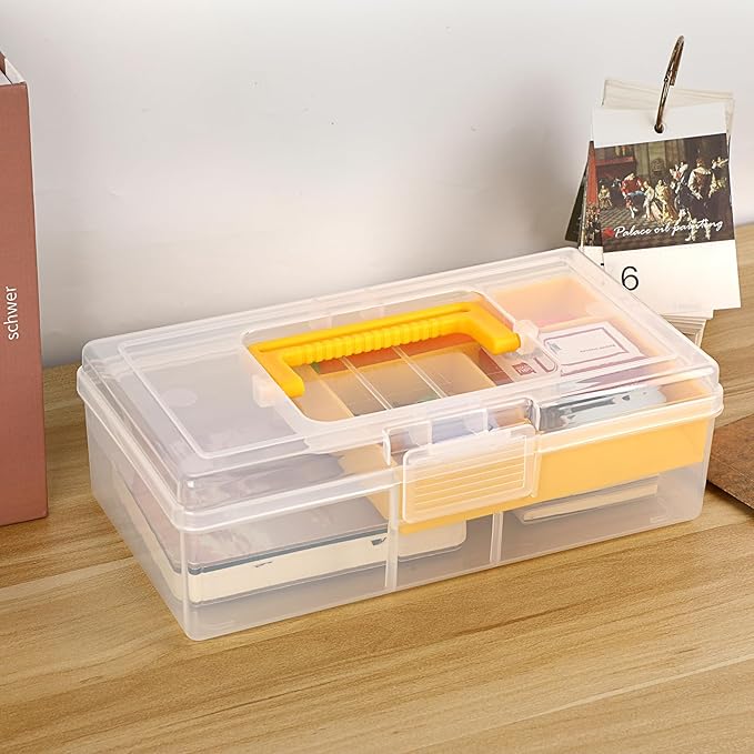 JUXYES Clear Art Craft Supply Storage Bin Sewing Box With Handle Lid | Plastic Carry Storage Box with Removable Tray, 2 Layers Portable Storage Case for Art Craft, Sewing, School Office Supplies