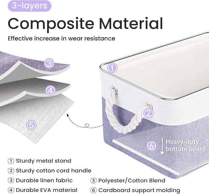 Storage Baskets for Shelves 13.8x9.8x6.7 Inch, Foldable Fabric Storage Bins with Handles, Small Storage Baskets for Organizing Closet, Office, Home Organization (1-Pack, White&Purple)