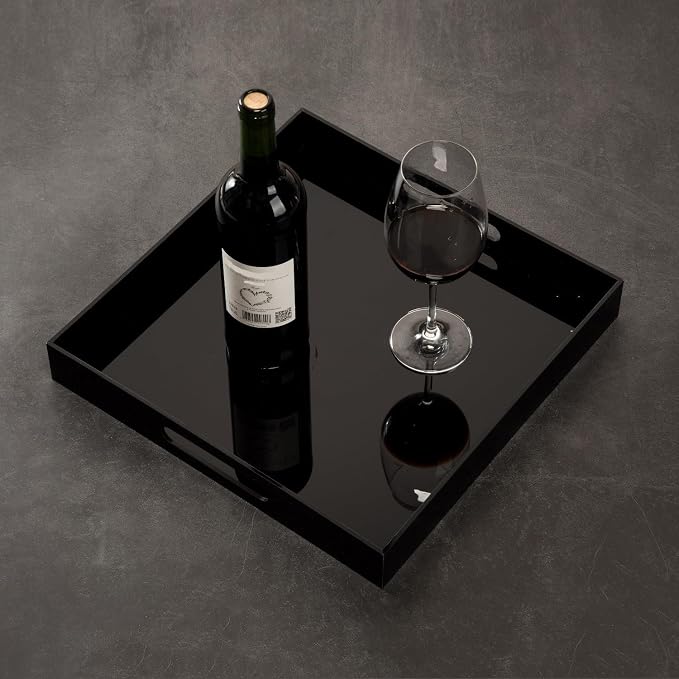 KEVLANG Glossy Black Acrylic Serving Tray - 14x14Inch, Multipurpose, Sturdy, Modern Style, Spill Proof, Countertop Organizer, Vanity Table Tray