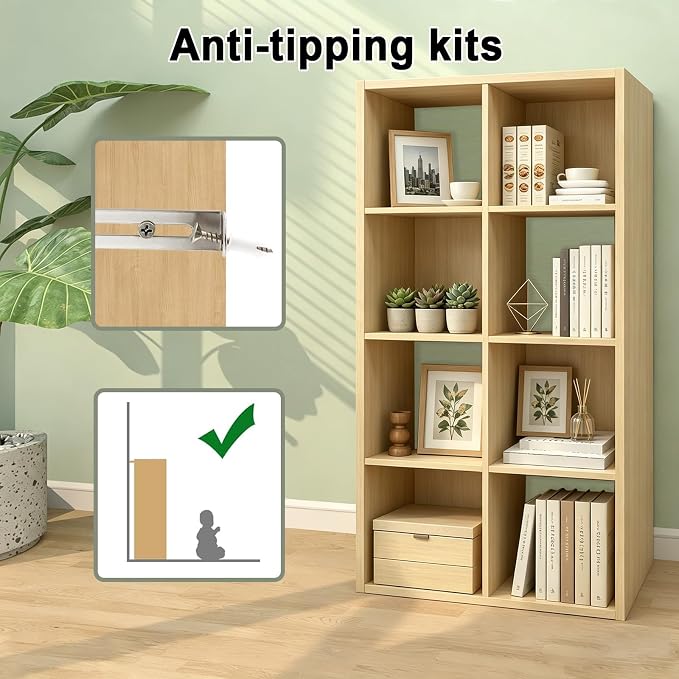 CTESNE【2026】 8 Cube Shelf with Anti-Tipping Kits + Reversible Open Back Bookcase, Multi Layer and Multi Grid partition Layout (Oak 11in)