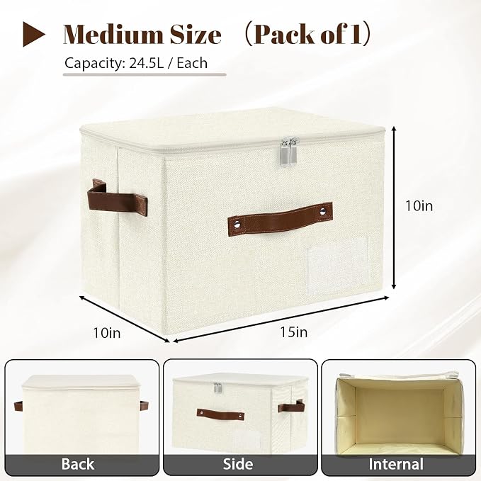 ANMINY 3PCS Storage Bins with Zipper Lid Storage Boxes with Label Holder PU Leather Handles Washable Foldable Decorative Lidded Cotton Linen Fabric Cubes Baskets Closet Organizer - Beige, Medium