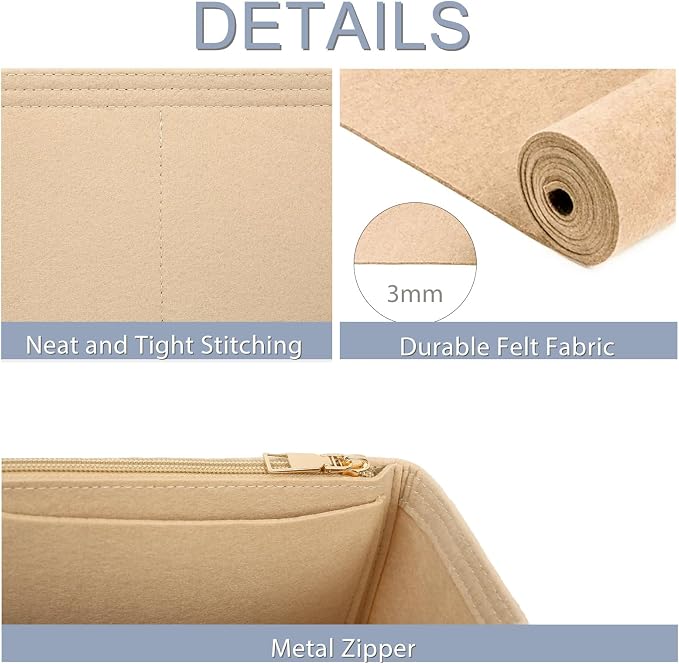 Surblue Purse Organizer Insert for Handbags, Felt Bag Organizer with Zippers Handbag Shaper Pouch for Classic 19 Flap Bag, Marmont, Onthego,（Khaki, Slender L）