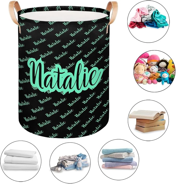 Personalized Laundry Basket, Custom Gift Laundry Hamper, Collapsible Nursery Waterproof Laundry Baskets, Dirty Clothes Toy Hamper with Handles Name Black Green