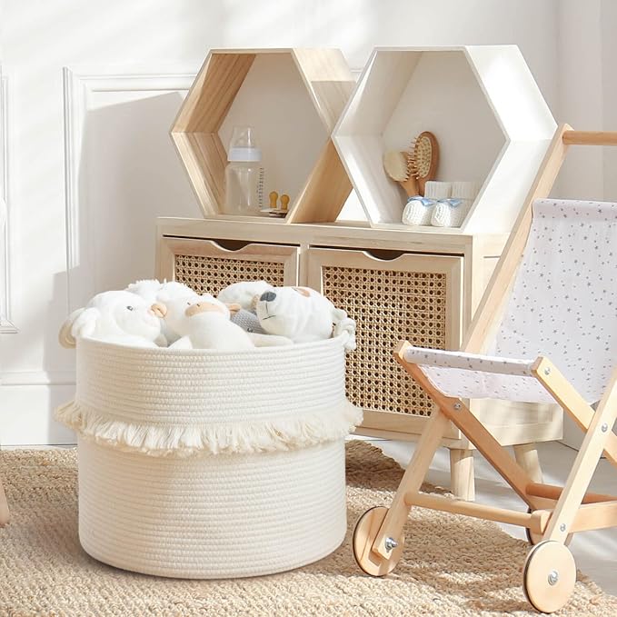 CherryNow Baby Laundry Basket, Cotton Rope Basket for Blankets & Toys, 45L | Compact Storage Basket for Organizing Bbay Clothes & Toys, Decorative Basket with Tassels, Perfect for Nursery Décor, White