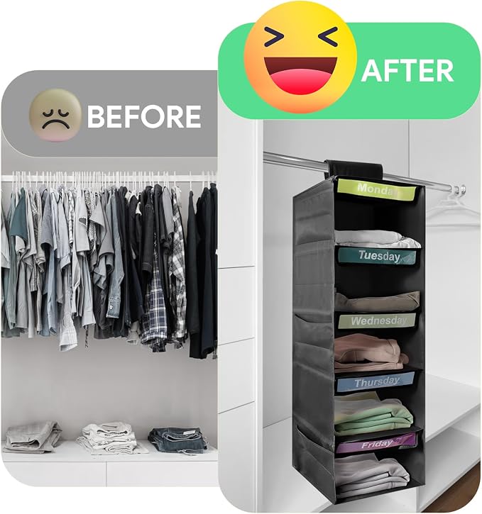 5-Shelf Weekly Clothes Organizer for Kids Days of The Week Storage (Black) | Days of The Week Hanging Storage Shelves for Dorm Room Essential, Daily Shelf Closet Organizer with 6 Side Pockets