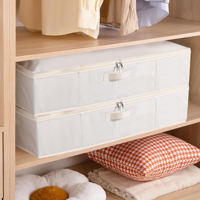 Underbed Storage Organizers, Container Bags with Lids, Storage Boxes With Sturdy Structure and Reinforced Handles, Beige, 3 Pack, 31.5 x 15.7 x 5.9 Inch
