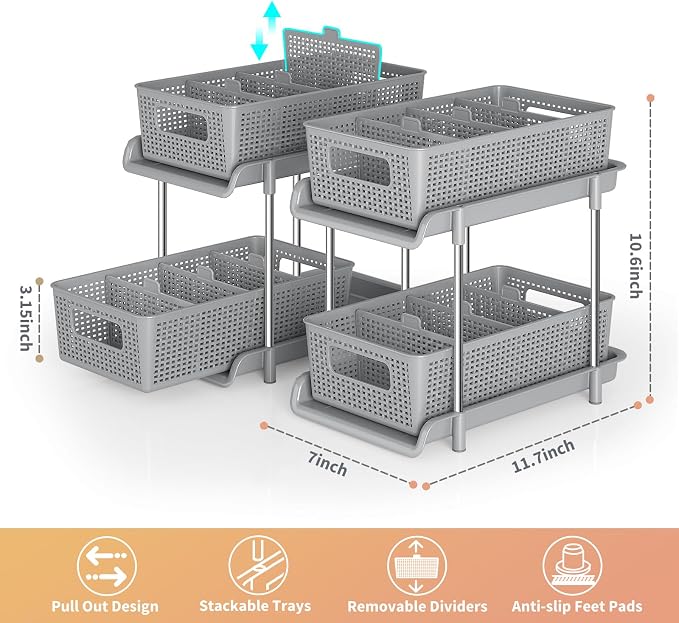 RIKOJUXI Bathroom Organizer with Dividers, 2Pcs 2 Tier Stackable Under Sink Organizers and Storage Cabinet Organizers for Bathroom Kitchen Pantry Organization and Storage, Medicine Cabinet Organizer