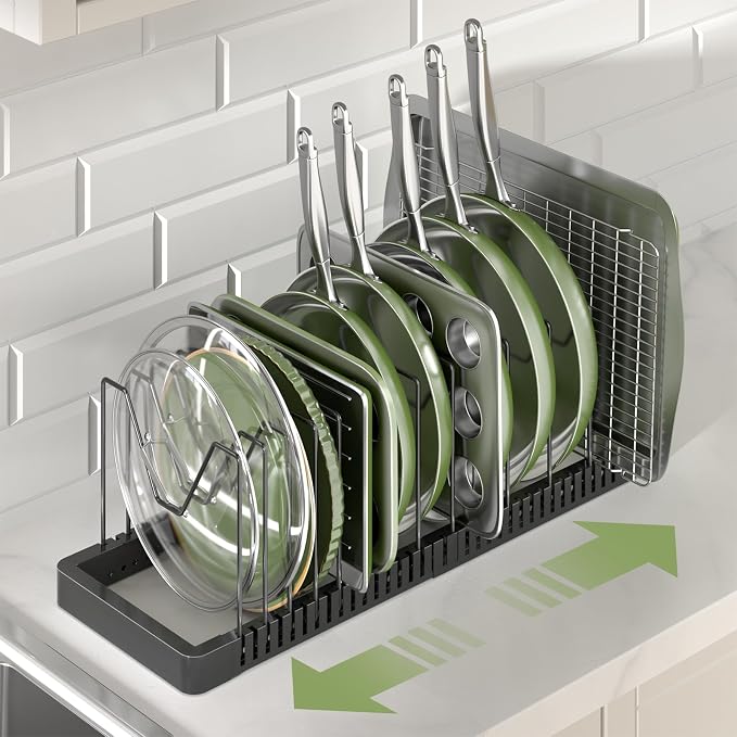 PanPanPal Pots and Pans Organizer under Cabinet, Expandable Pot Lid Organizer Holder with 14 Adjustable Compartment, Pan Organizers inside Cabinet for Lids, Bakeware, Kitchen Storage Pot Rack, Black