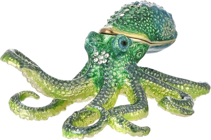 Hand Painted Animal Trinket Box for Home Decor, Hinged Jewelry Organizer Storage, Unique Personalized Collectible Keepsake Figurine Handmade Decorative Ornament Gifts (Octopus)