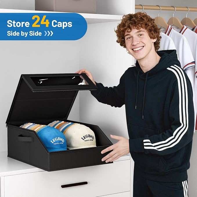 AOODA Sturdy Hat Storage for Baseball Caps, Holds up to 24 Caps Clear Hat Organizer for Closet, Bedroom, Wide Hat Box with Cardboard (Pure black)
