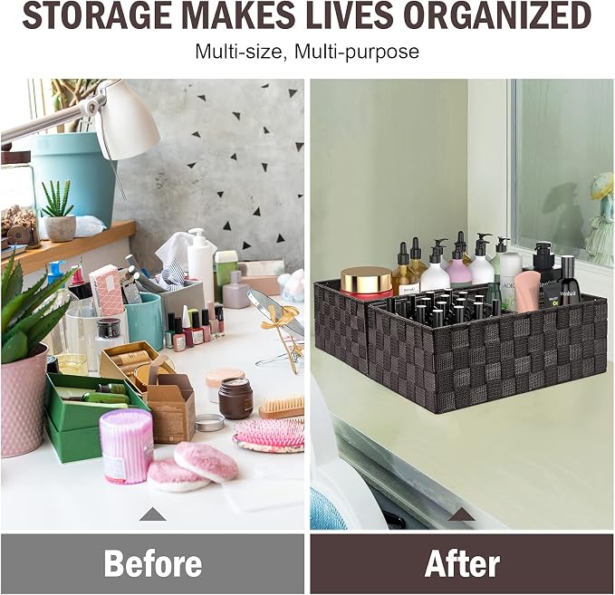 Woven Storage Baskets, Storage Bins, Cube Basket Container Baskets Storage Boxes Organizers for Clothes/Shelves/Closet, Set of 6 (Brown)