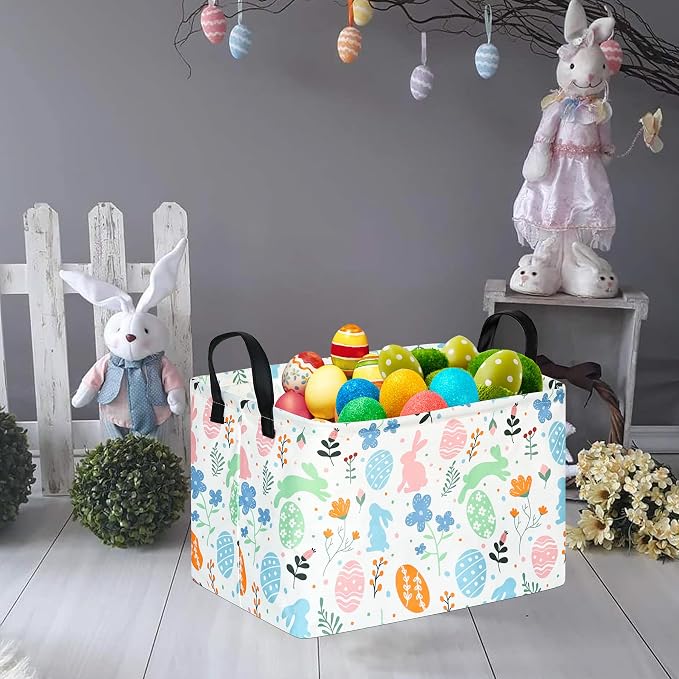 Rectangular Easter Basket Storage Bin for Shelves Cute Gifts Baskets Foldable Box with Handles for Boy and Girl Home Office Car Dormroom Easter Party Supplies