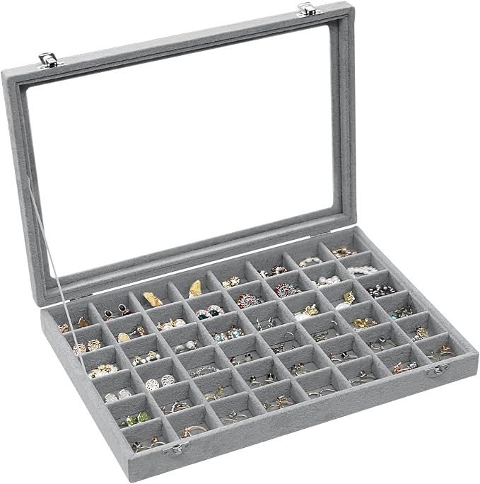 Stratalife 48 Grid Earring Organizer: Jewelry Holder Organizer Box with Clear Glass Lid, Velvet Jewelry Storage for Studs, Earrings, Rings, Necklace with Removable Dividers for Dresser, Grey
