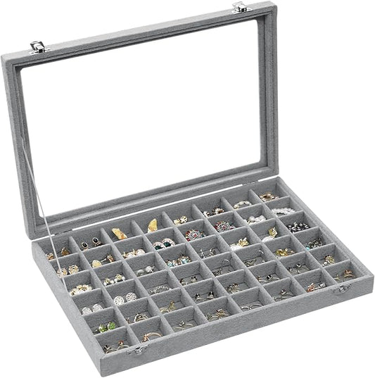 Stratalife 48 Grid Earring Organizer: Jewelry Holder Organizer Box with Clear Glass Lid, Velvet Jewelry Storage for Studs, Earrings, Rings, Necklace with Removable Dividers for Dresser, Grey
