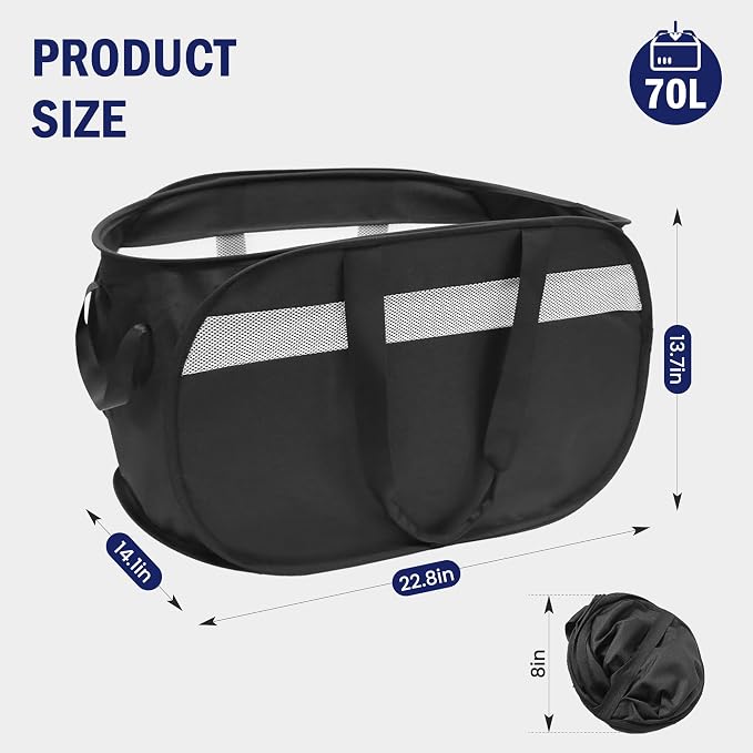 Collapsible Laundry Baskets, Foldable Tear Proof Pop Up Hamper with Reinforced Carry Handles, Durable Laundry Hamper for Home, Laundry, Bathroom, Dorm or Travel (Black)