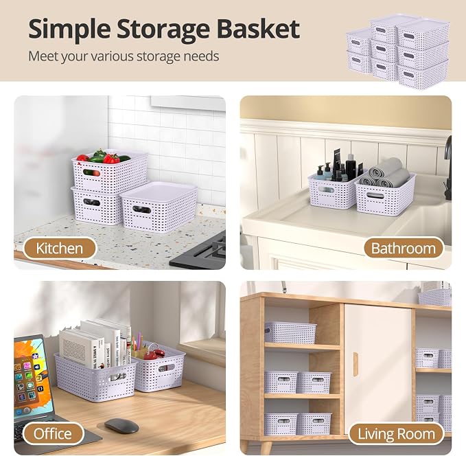 Plastic Storage Basket with Lid, Stackable Small Box Bins for Organizing and Containers for Shelves Drawers Desktop Closet Playroom Pantry Classroom Office Home, 8 Pack 10.2"x7.2"x4.1" Lavender