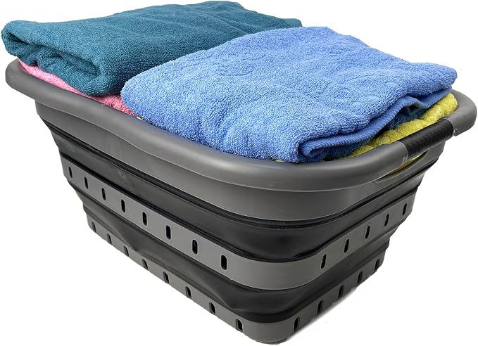 SAMMART Collapsible 3 Handled Plastic Laundry Basket - Foldable Pop Up Storage Container/Organizer - Portable Basket - Space Saving Hamper/Basket (Grey/Black, 3 handled rectangular)