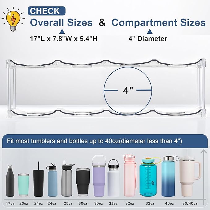 LARGER Compartment - 3 Tier Stackable Water Bottle Organizer Holder - for Stanley 40oz & Others' Large Tumbler - Clear Wine Rack, 12 Cup Bottle Holder for Cabinet Home Countertop Fridge Pantry Shelf