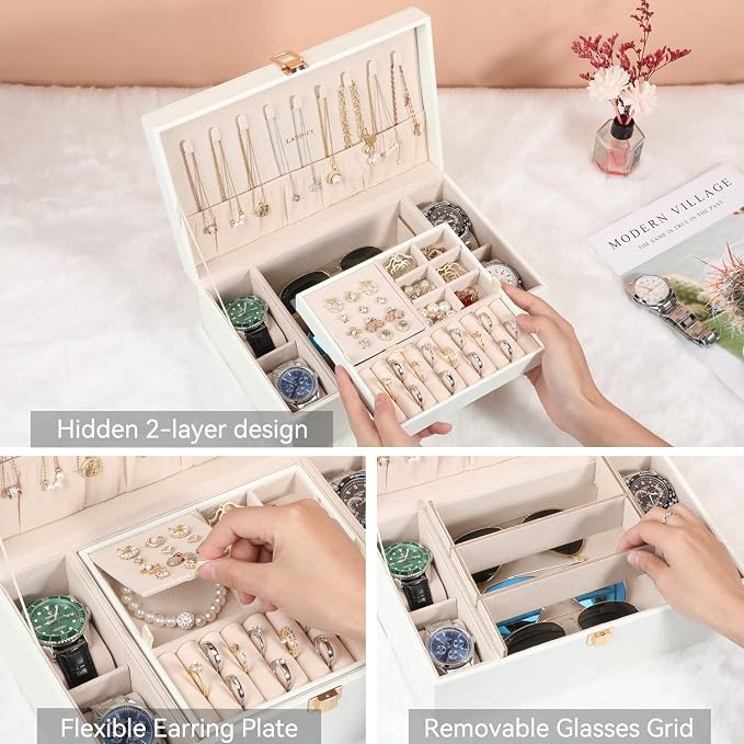 LANDICI Jewelry Box Organizer for Men Women, 2 Layer 4 Slot Watch Storage Case with Removable Tray, PU Leather Large Jewellery Holder Display for Watches Sunglasses Rings Earrings Necklace, White