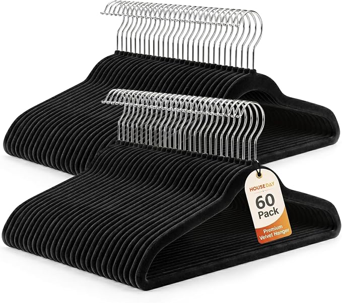 HOUSE DAY Black Velvet Hangers 60 Pack, Sturdy Non Slip Hanger Wrinkle-Free | Clothes Hangers with 360° Swivel Hook, Heavy Duty Slim Felt Hangers for Closet Space Saving, No Shoulder Bumps for Shirt-75g