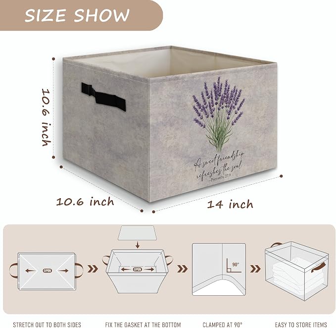 Christian Lavender Floral Decor Basket Foldable Storage Bins Box with Handles, Christian Friendship Gifts for Women, Bible Verse Collapsible Organizer for Bedroom Bathroom Clothes Toys Books
