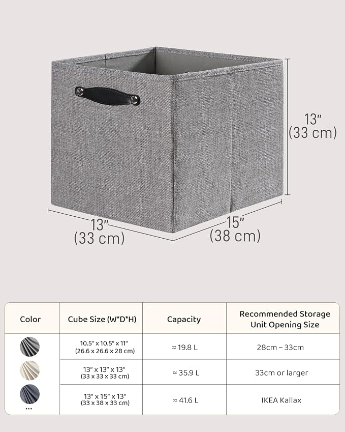 Cube Storage Bins | 13"x15"x13", Dim Gray, 4 Pack | Multi-Size | 2X Thick Support Board | Vegan Leather Handles | 7.7 oz/yd² Fabric | Drawer Insert Basket Fits KALLAX