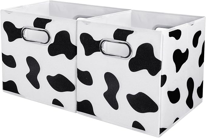 ANMINY Cow Print Cube Storage Bins with Handles, Washable, Collapsible | Cotton Linen Fabric, PP Plastic Board, Animal Print Decor, Storage Basket for Closet Shelf, 11 x 11 x 11 Inch, 2PCS