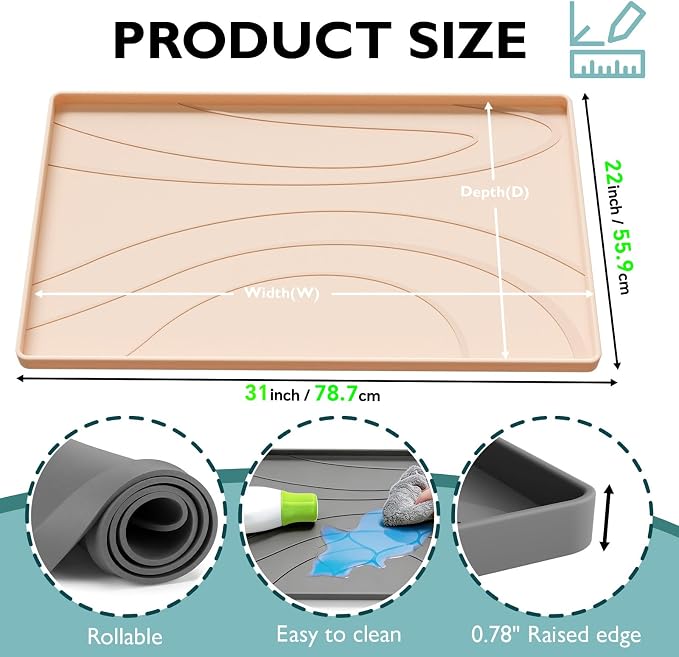 Under Sink Mat 31" x 22", Silicone Under Sink Liner for Kitchen and Bathroom, Waterproof Cabinet Protector Drip Tray, Protects Cabinets from Leaks and Spills