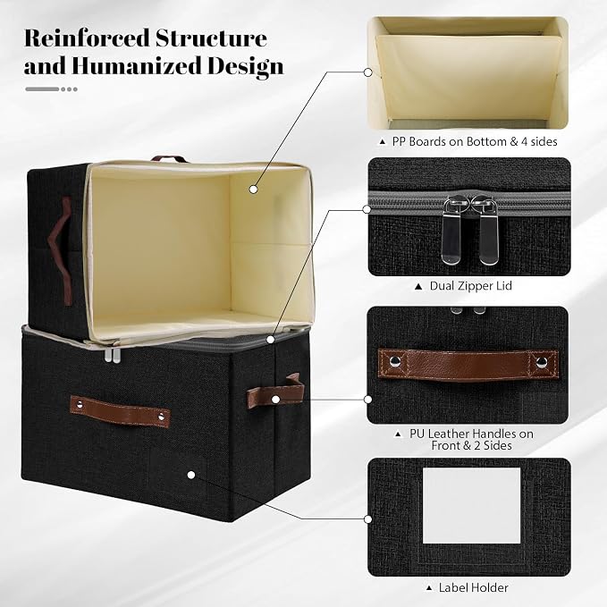 ANMINY Storage Bins with Zipper Lid Storage Boxes with Label Holder PU Leather Handles Washable Foldable Decorative Lidded Cotton Linen Fabric Cubes Baskets Closet Organizer - Black, Small